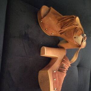 Brown Suede Fringe Platform Sandals with Ankle Strap